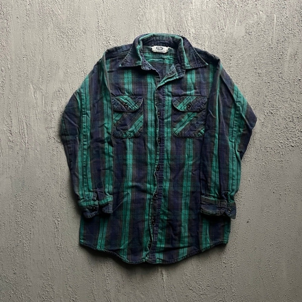 Vintage Mr Leggs Flannel Shirt Medium Green 1970s Plaid Cotton USA